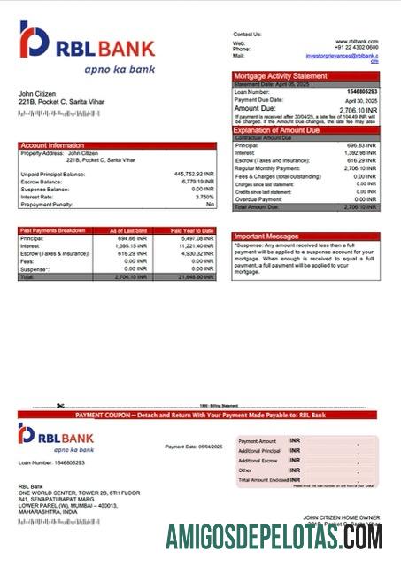 realista Modelo Word e PDF de declaração de hipoteca bancária RBL da Índia